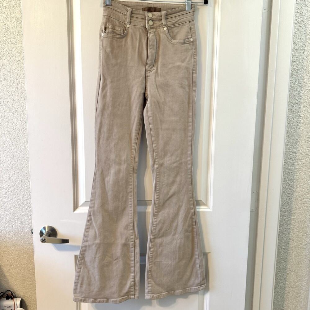 Judy Blue Womens 1/25 Beige High Rise Flare Jeans Double Button Stretch Boho